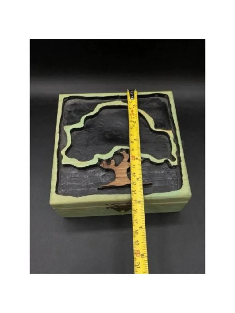 Hand Carved Green Wooden Box Tree of Life Keepsake 6”